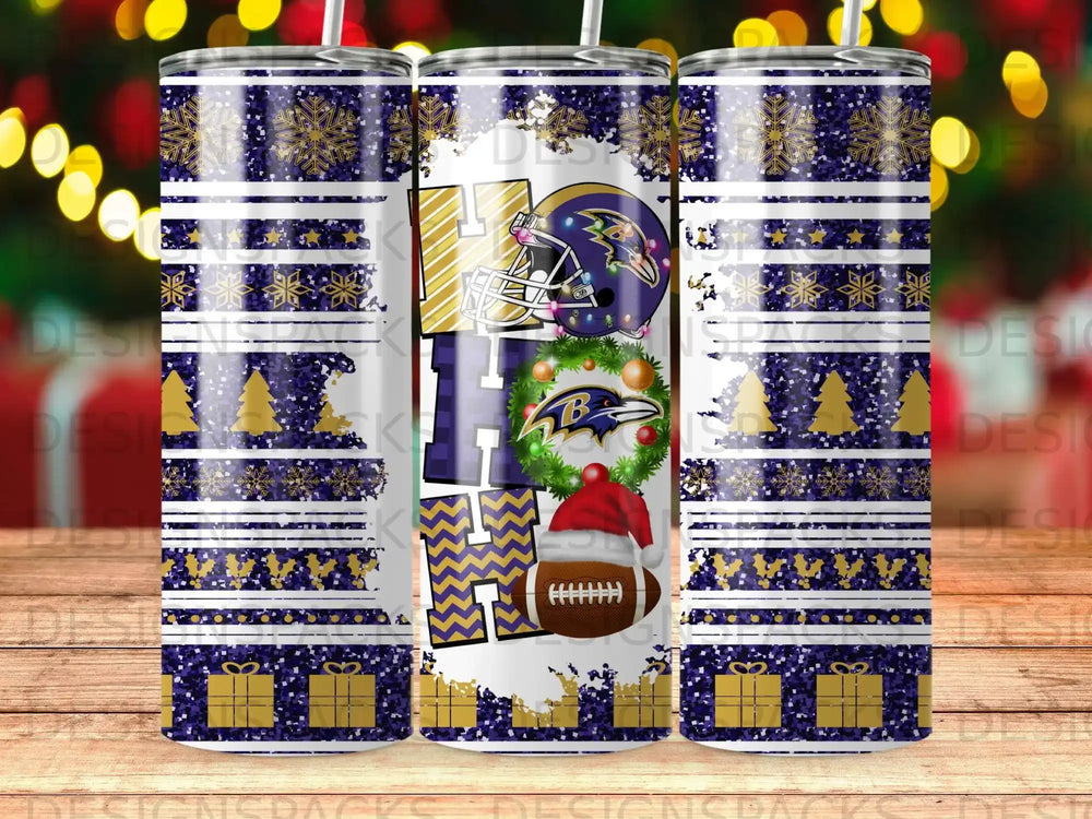 Baltimore Ravens holiday tumbler with purple, gold, and snowflake pattern.