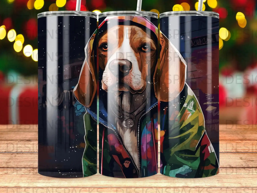 Beagle dog wearing a colorful hooded jacket on a patterned background.