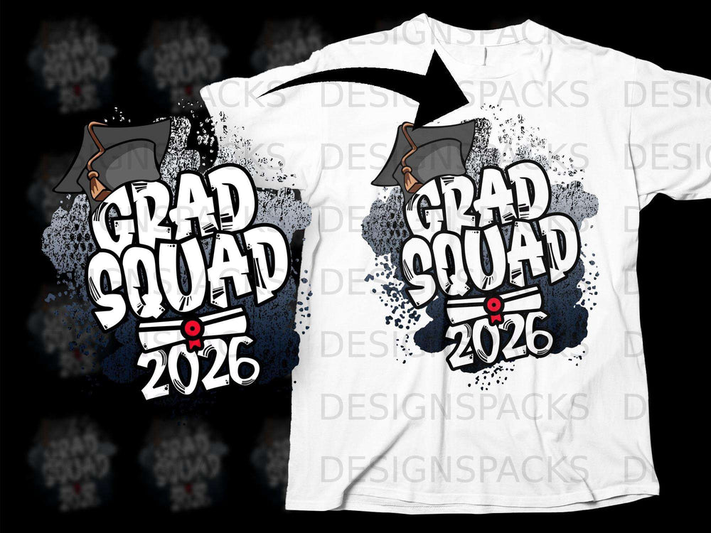 Grad Squad 2026 graphic with graduation cap and diploma on white t-shirt.