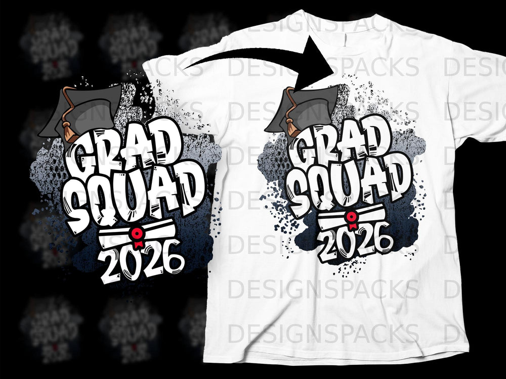 Grad Squad 2026 graphic with graduation cap and diploma on white t-shirt.
