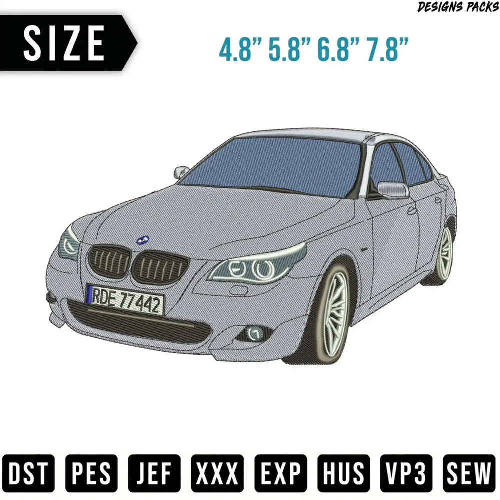 BMW 5 Series sedan embroidery design with size and file format options.