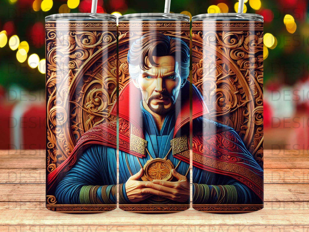 Doctor Strange in red and blue cloak, hands clasped, ornate golden background.