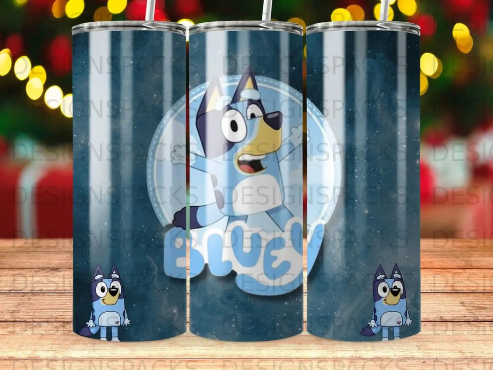 Bluey character with "Bluey" text on a blue and teal textured tumbler.