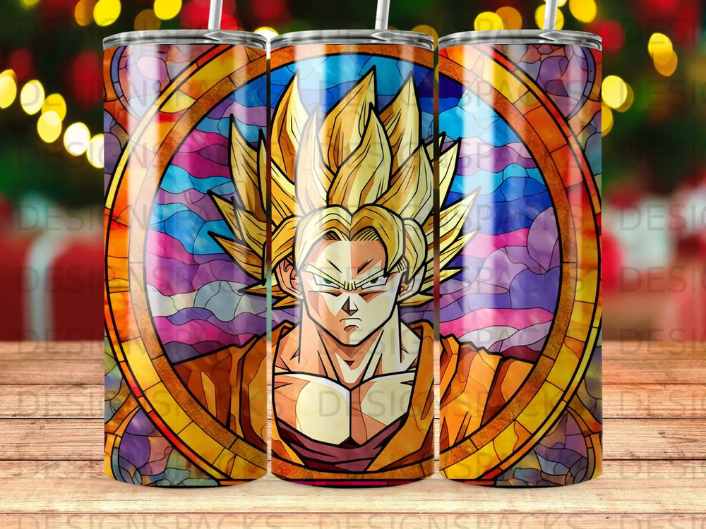Goku in stained glass style on a tumbler, with yellow and blue background.