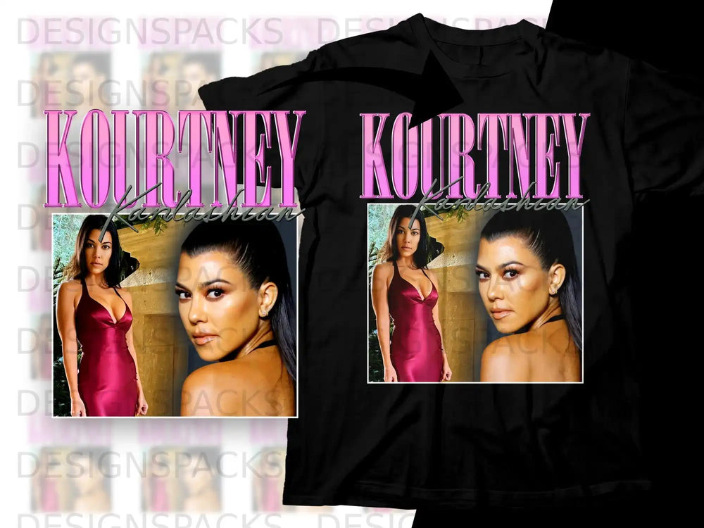 Kourtney Kardashian in a satin dress on a black t-shirt with "KOURTNEY" text.
