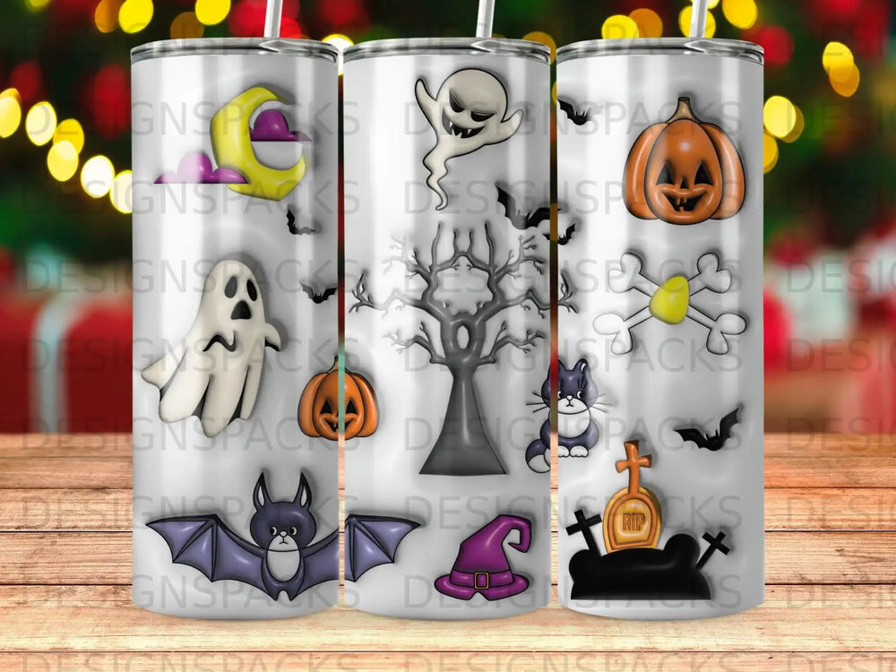 Halloween-themed tumbler with ghosts, bats, pumpkins, and graveyard RIP.