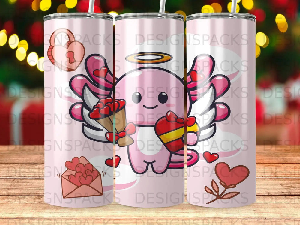 Pink tumbler with a cartoon character holding a heart-shaped gift.