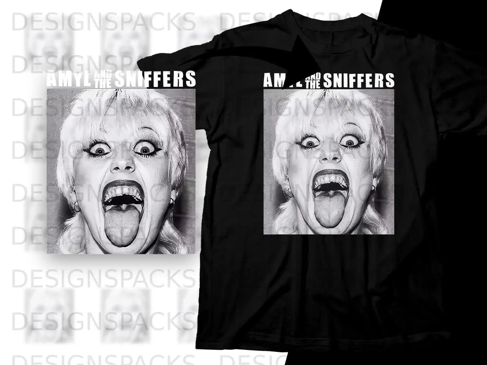 Amyl and the Sniffers band t-shirt with distressed black and white graphic.