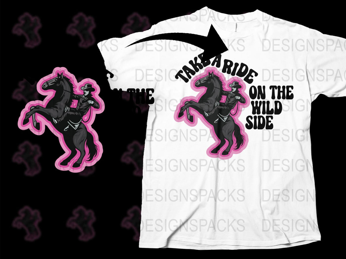 Take a Ride on the Wild Side Horse Graphic T-Shirt, Bold Pink and Black Design