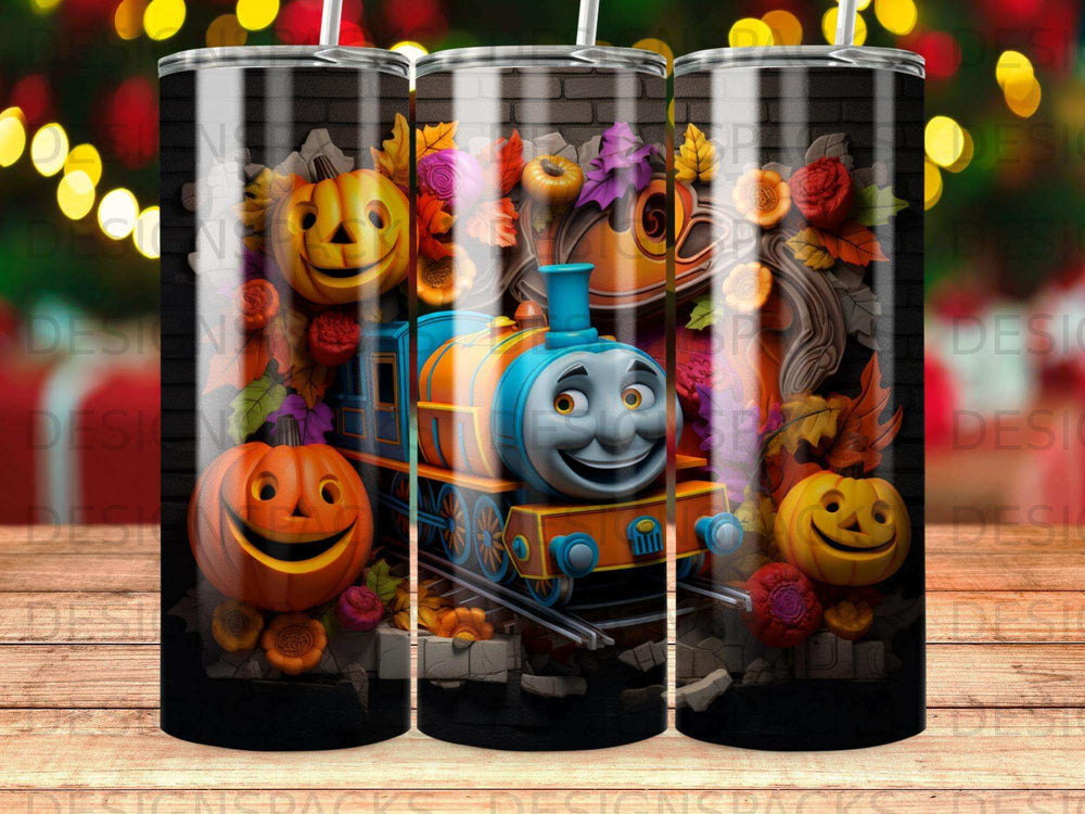 Thomas the Tank Engine and pumpkins on a Halloween-themed tumbler.