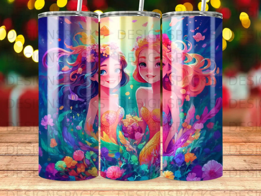 Two whimsical girls with flower crowns and colorful hair on a vibrant, floral background.