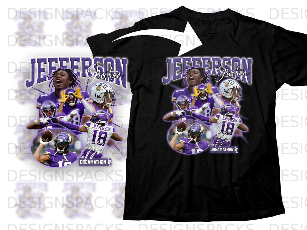 Black t-shirt featuring artwork of Jefferson number 18 in purple and gold.