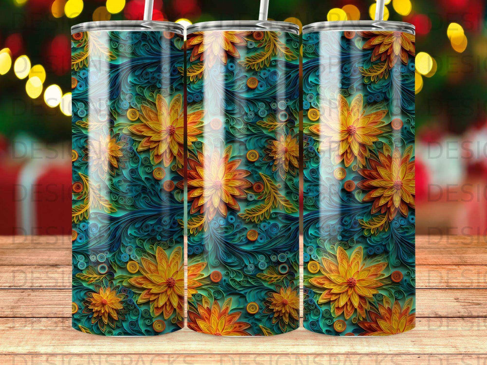 3D stylized floral pattern tumbler with teal and orange hues.