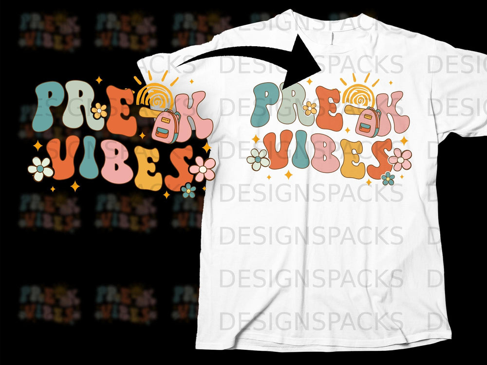 Retro "Pre-K Vibes" text with a backpack and flowers on a white t-shirt.