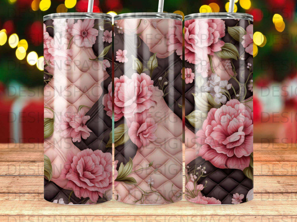 Tumbler with floral pattern featuring pink peonies and quilted background.