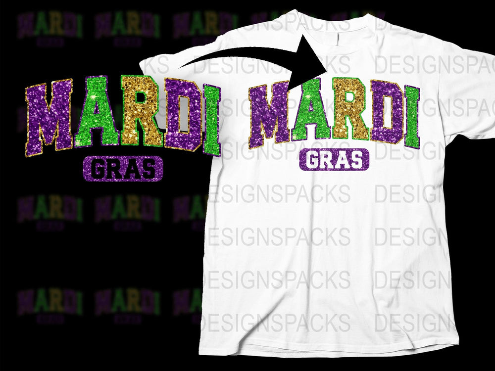 Mardi Gras T-Shirt Colorful Glitter Text Design, Men's Women's Unisex Festival Party Shirt, Purple Green Gold Tee