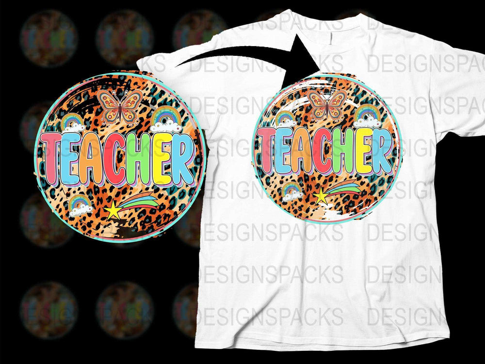 Colorful Teacher T-Shirt with Leopard Print and Butterflies, Trendy Educator Gift, Unisex Graphic Tee Design