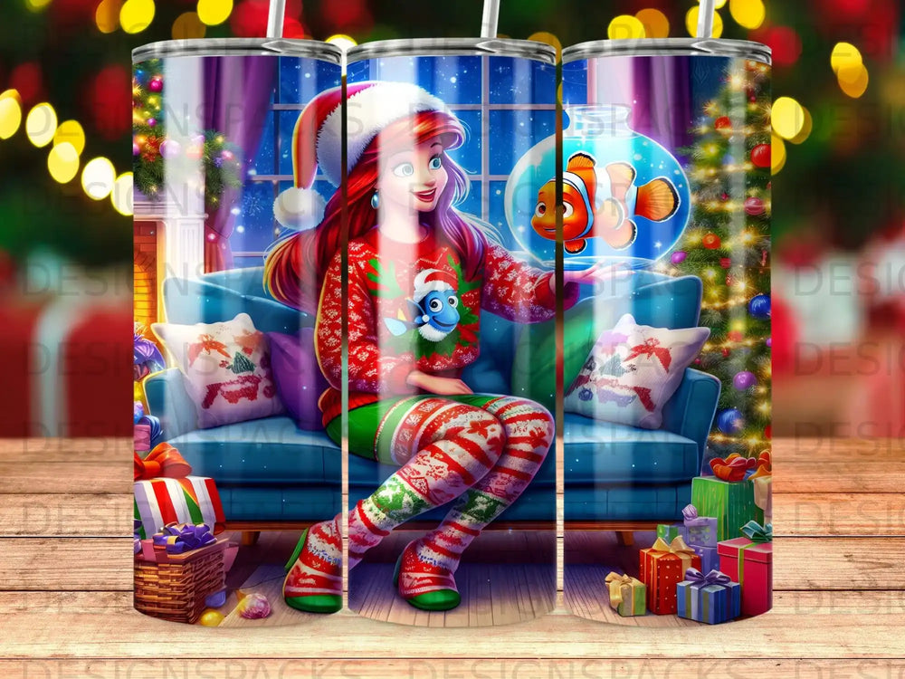 Ariel in Christmas pajamas sits on a couch with Nemo in a fishbowl.
