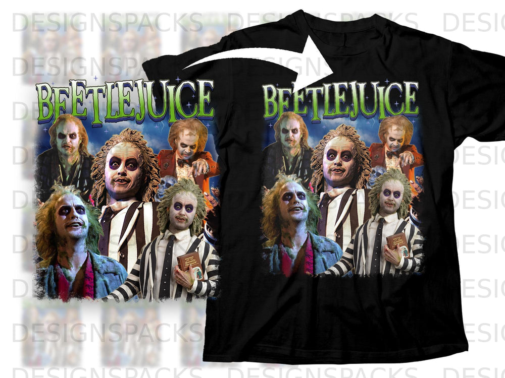 Black t-shirt featuring Beetlejuice characters and title in green lettering.