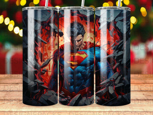 Superman bursting through cracked concrete wall, red and blue suit.