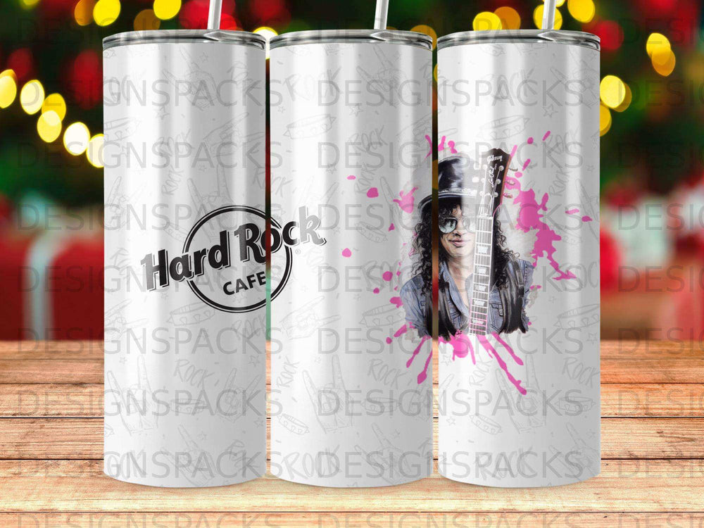 Hard Rock Cafe logo with Slash's face and guitar graphic on a tumbler.