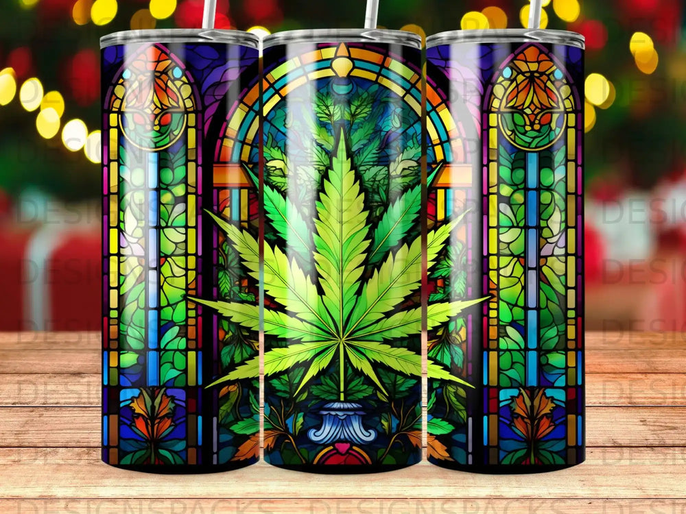 Stained glass pattern with a large cannabis leaf at the center.