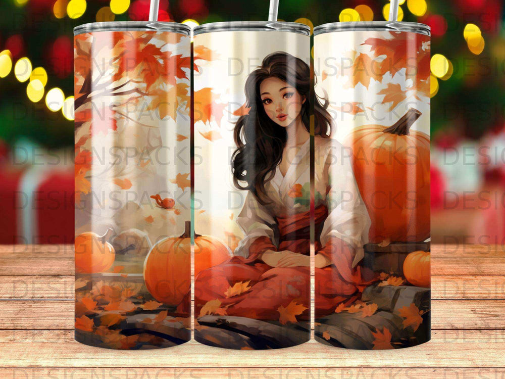 Woman in kimono sits among pumpkins and autumn leaves.
