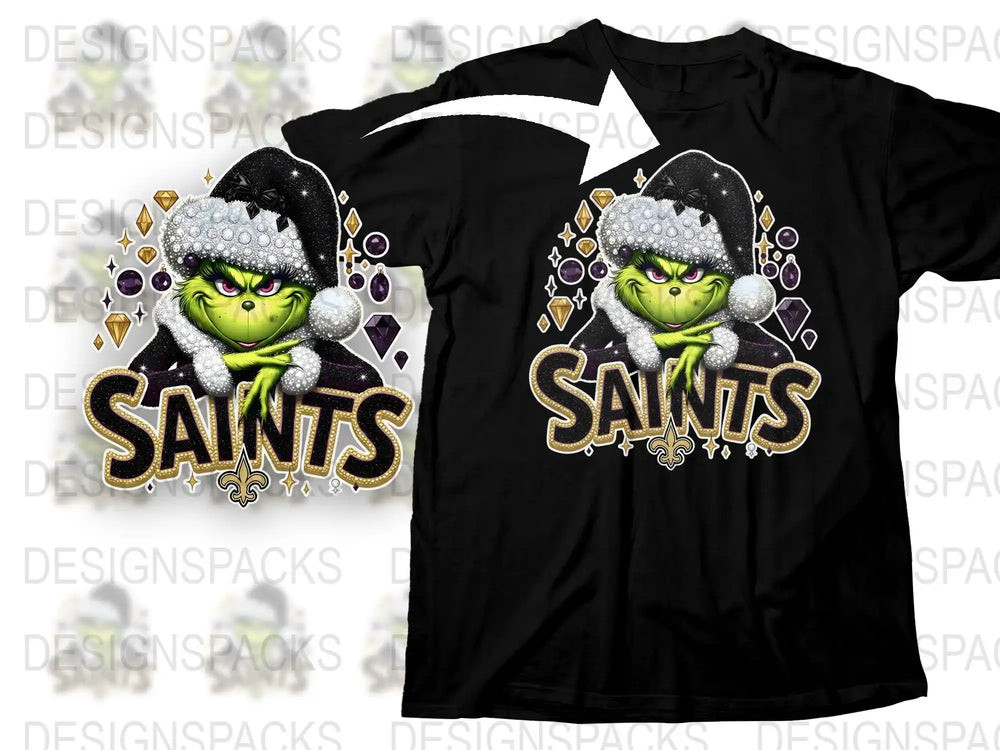Grinch Themed Saints T-Shirt, Winter Hat Grinch Graphic, Black Tee with Holiday Design, Unisex Casual Wear