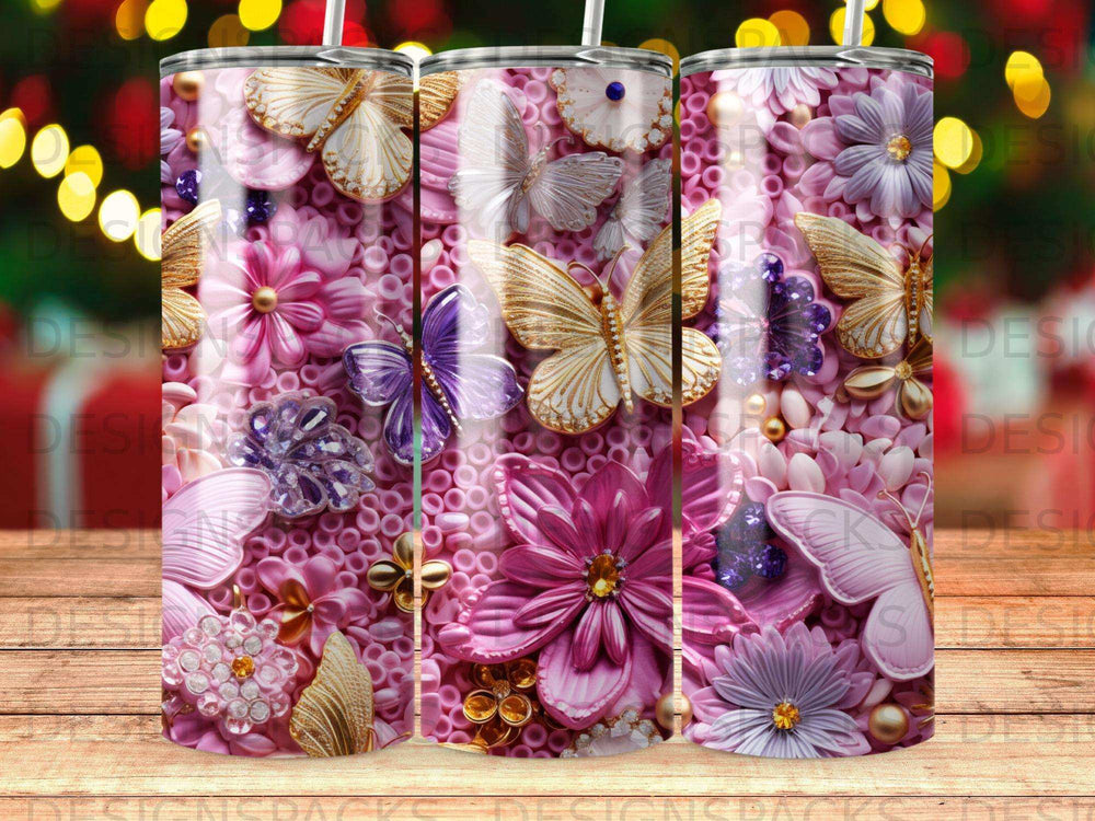 Pink tumbler with iridescent butterflies and floral embellishments.