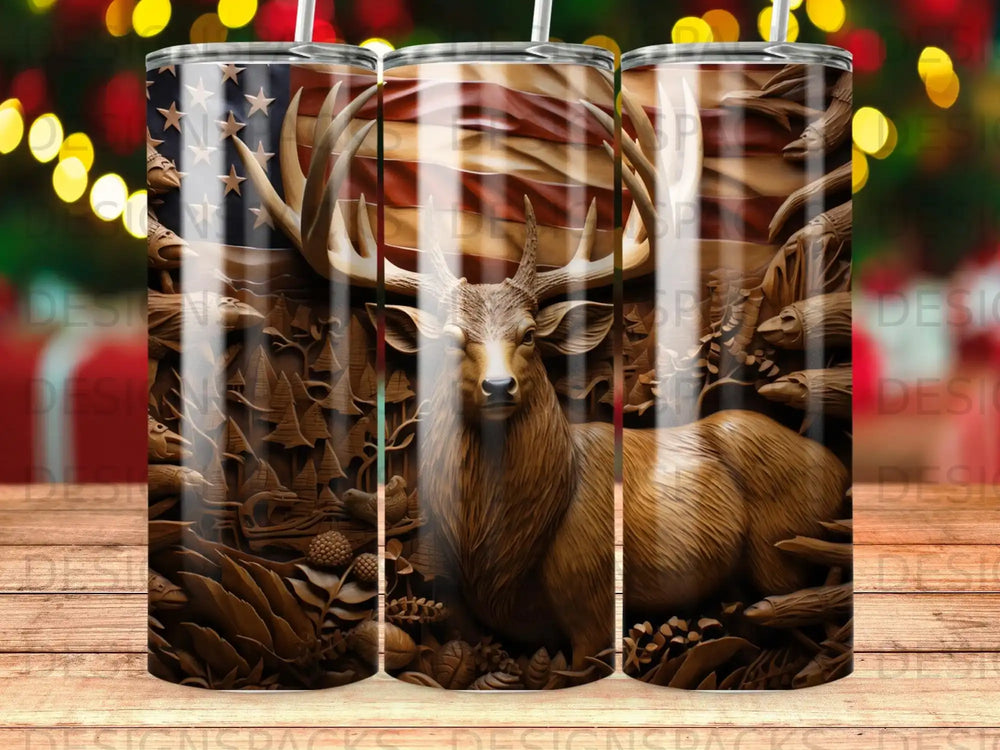Buck deer with antlers and American flag design on a tumbler.