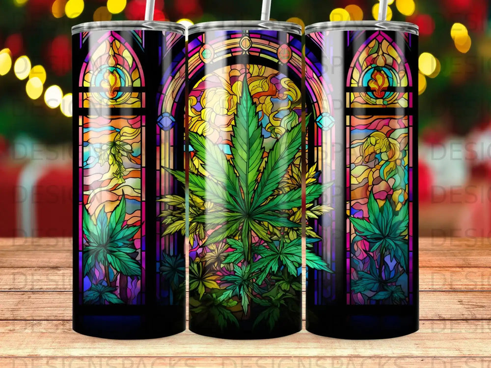 Stained glass design with a marijuana leaf and floral motifs.