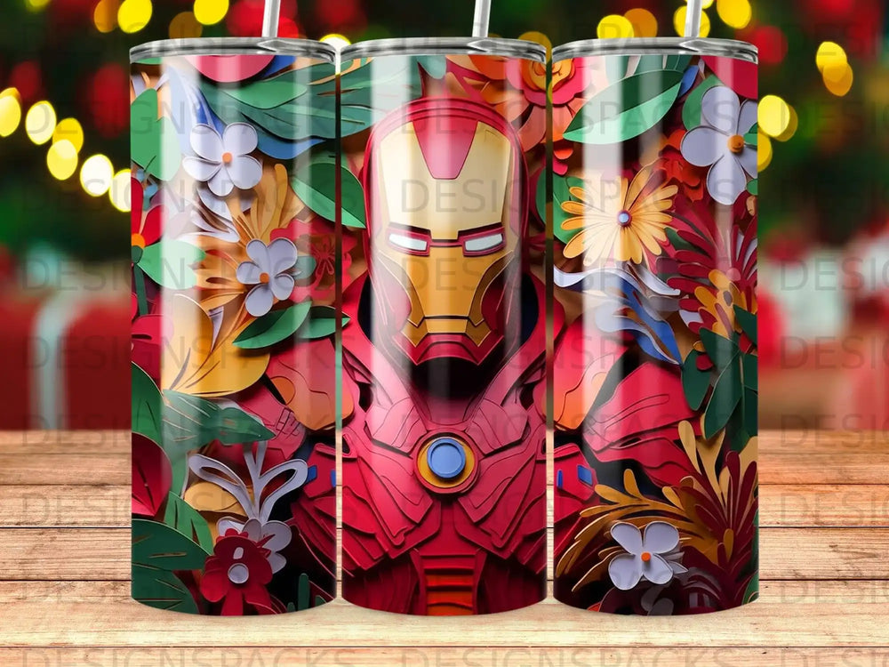 Iron Man helmet and chest plate with floral accents on a tumbler.