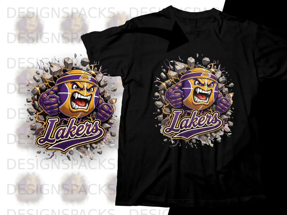 Los Angeles Lakers basketball character logo on a black t-shirt.