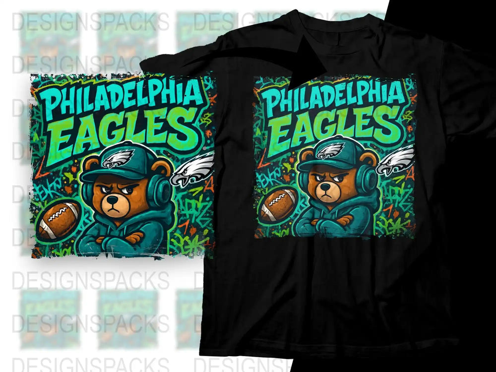 Philadelphia Eagles Fan T-Shirt, Cartoon Bear Football Design, Kids and Adults Sizes Available