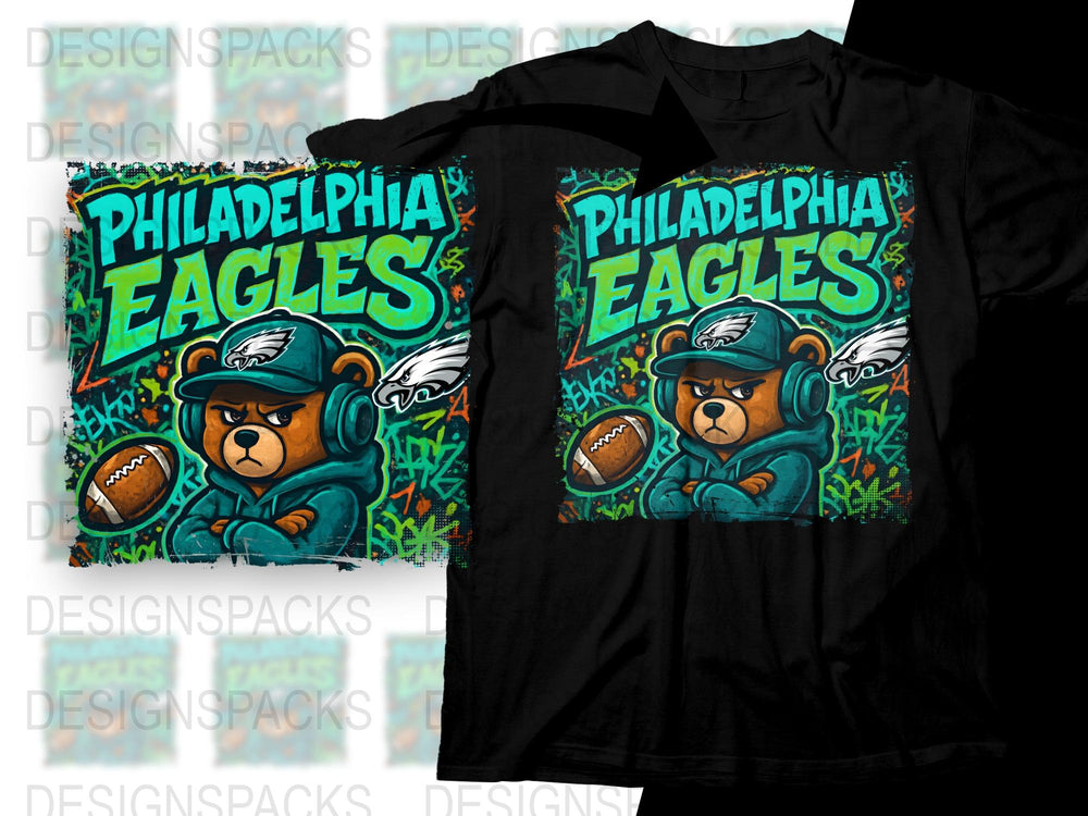 Philadelphia Eagles Fan T-Shirt, Cartoon Bear Football Design, Kids and Adults Sizes Available