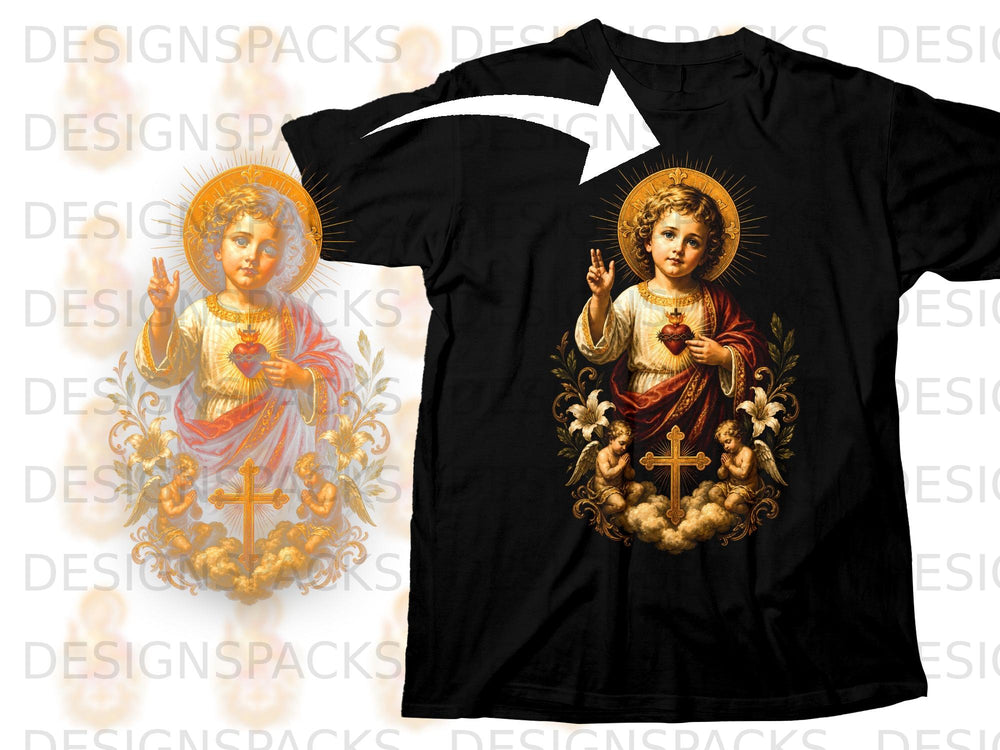 Black t-shirt with a religious depiction of the Sacred Heart of Jesus with cherubs.