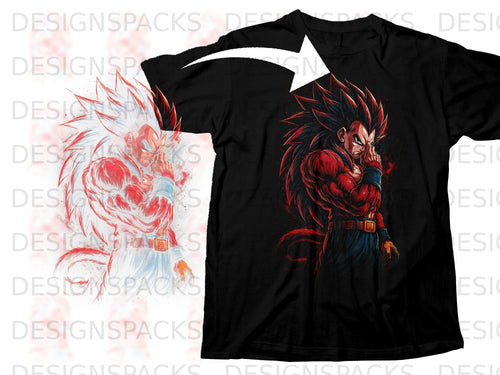 Black t-shirt with a red and blue anime character illustration.