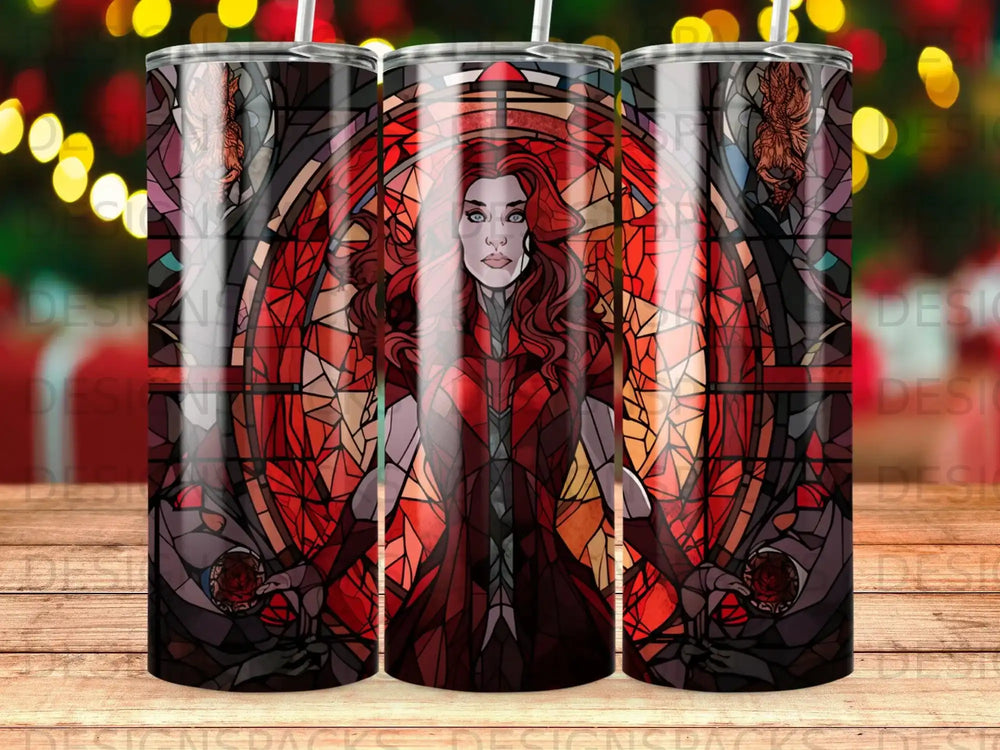 Scarlet Witch from Marvel in stained-glass style on a tumbler.