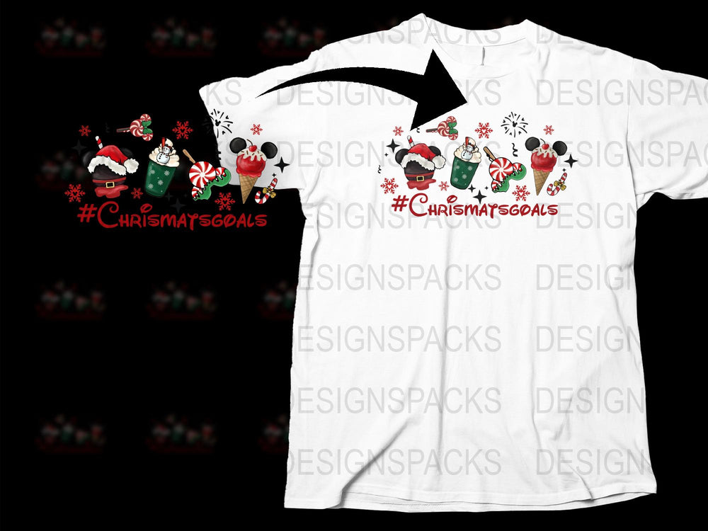 Christmas T-Shirt with Cute Santa and Reindeer Design, Festive Holiday Apparel, Snowflakes and Hashtags
