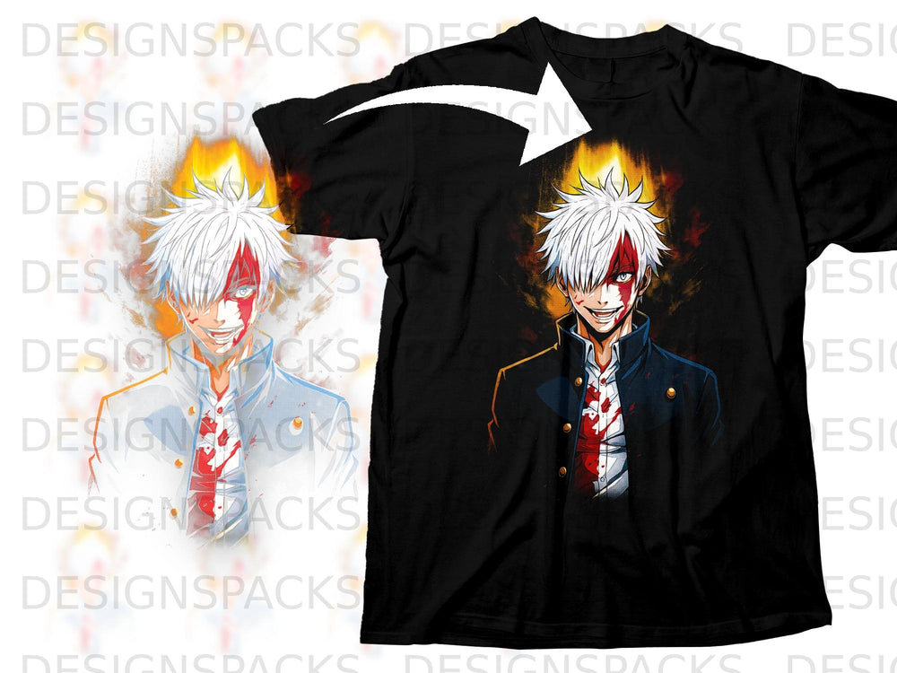 Black t-shirt featuring anime character with white hair and red markings.