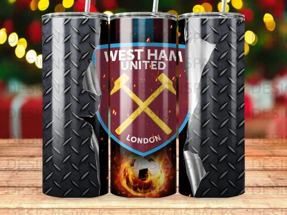 West Ham United logo with crossed hammers, shield, and flaming soccer ball.