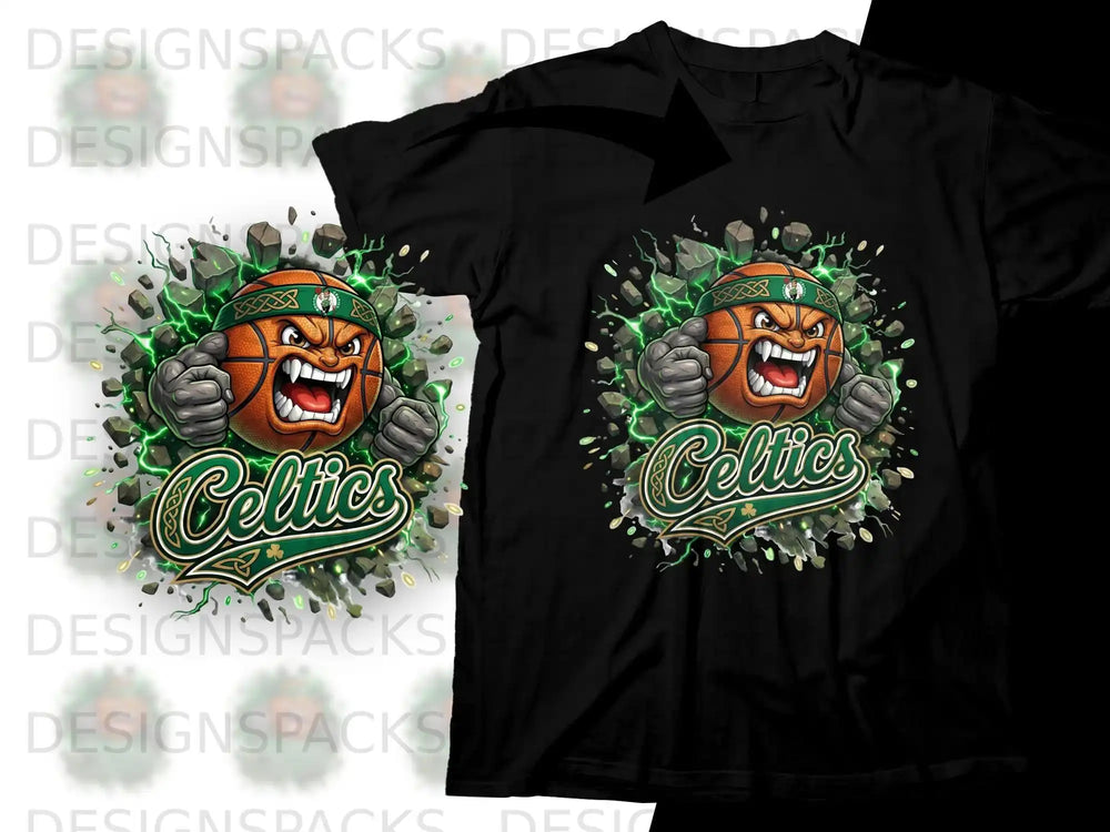 Black t-shirt featuring a fierce basketball with "Celtics" logo and green accents.