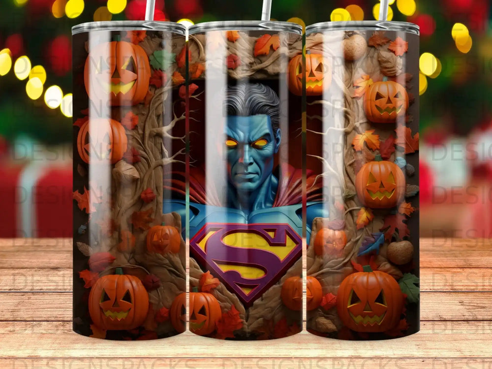 Superman and pumpkins on a reusable tumbler.