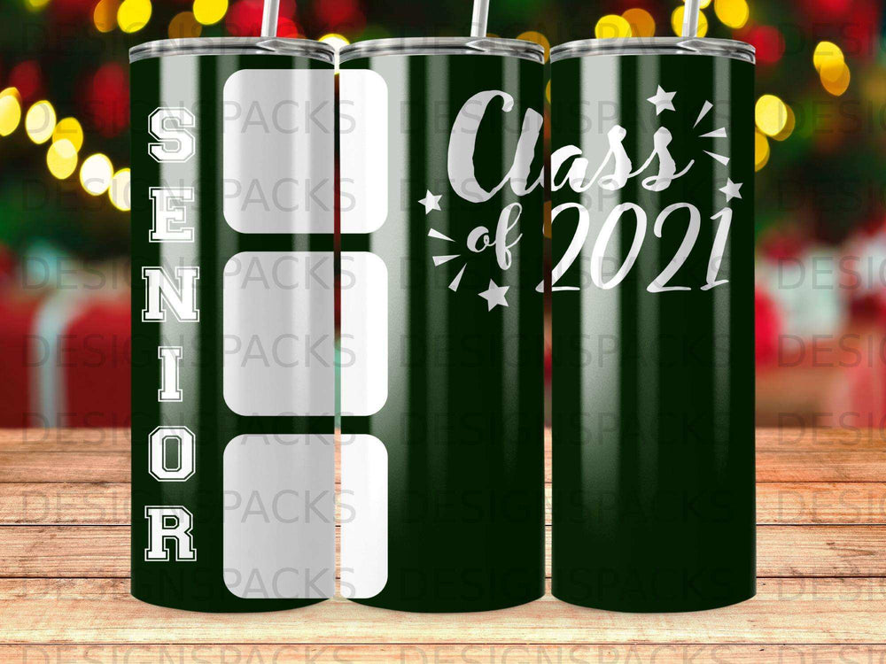 Green tumbler with "Class of 2021" text and "SENIOR" in vertical text.