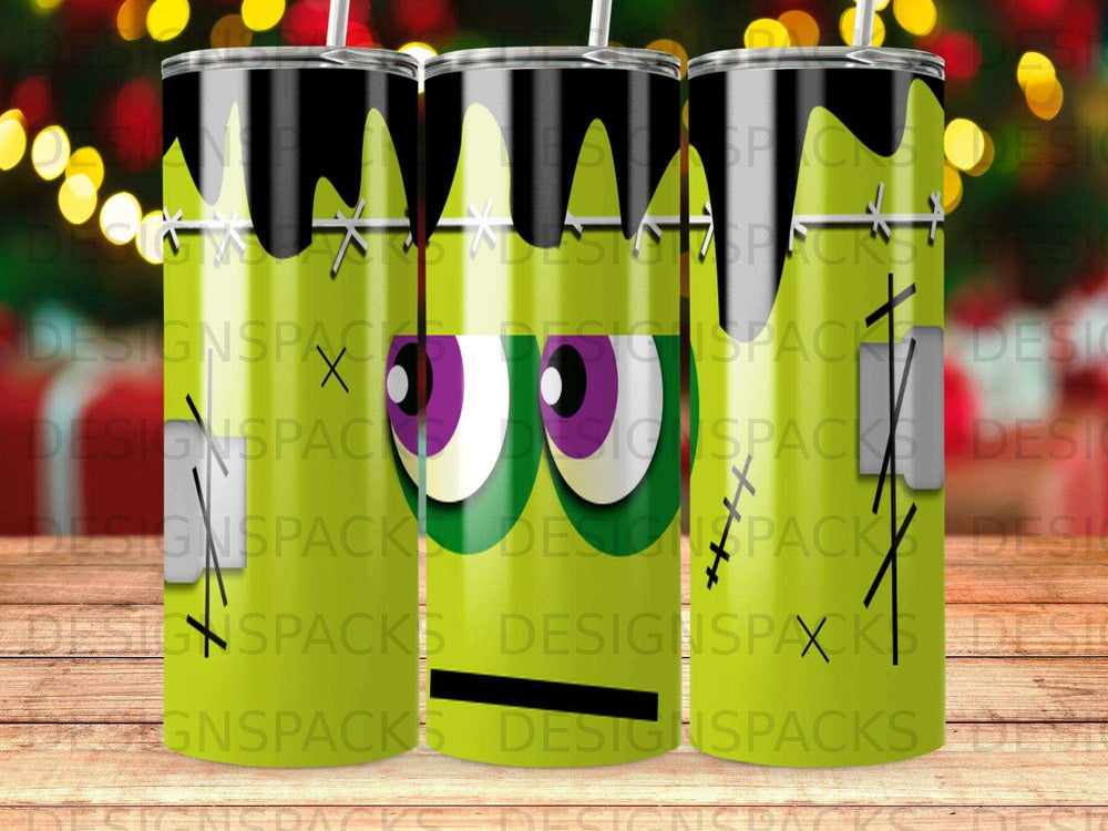 Green Frankenstein-themed tumbler with purple and white eyes.
