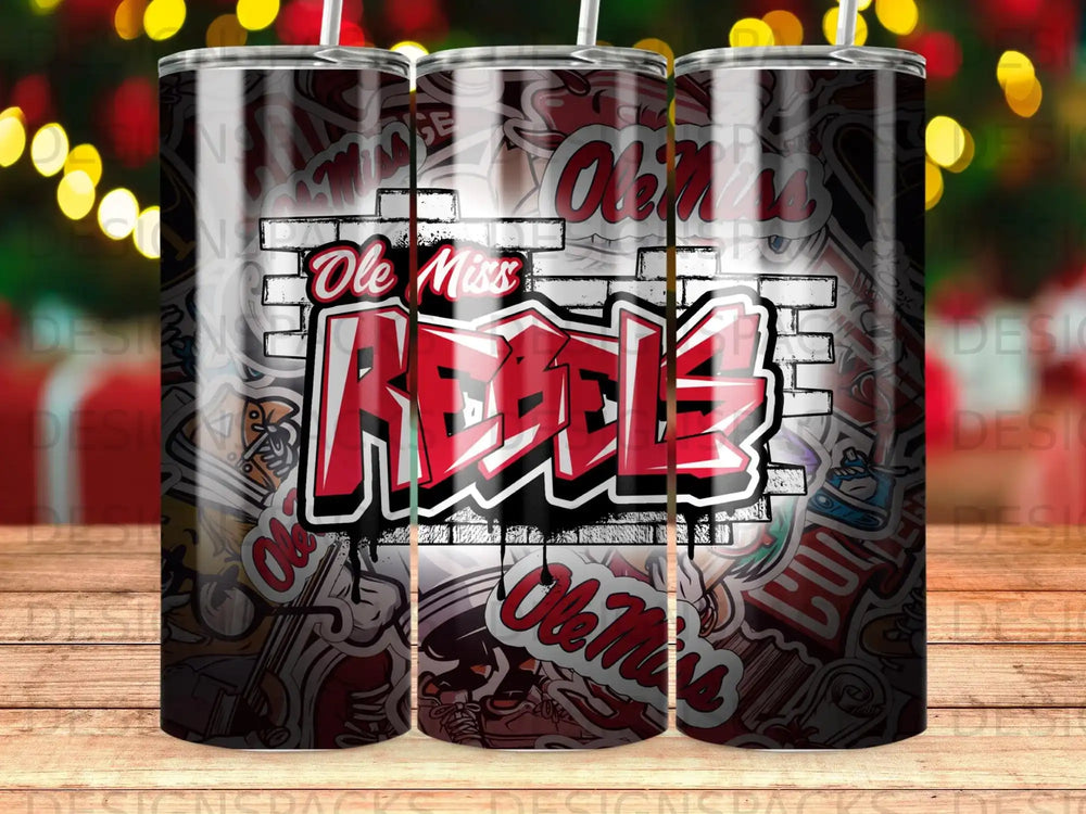 Ole Miss Rebels brick wall graffiti tumbler with straws.