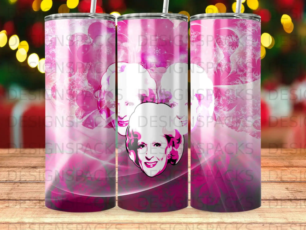 Three pink tumblers featuring a stylized woman's face and glitter accents.
