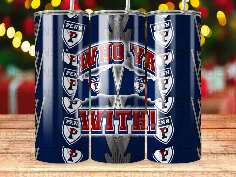 Navy blue tumbler with "PENN" pennants and "WHO YA WITH!" text.