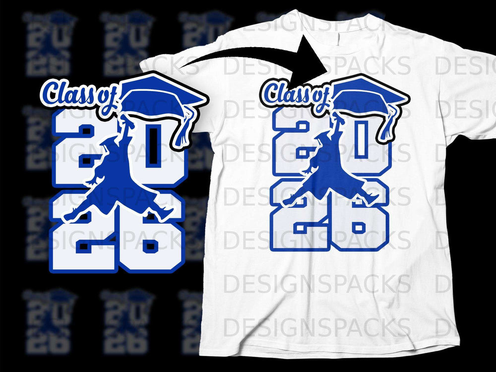 Blue and white "Class of 2026" graphic with a graduation cap and triumphant figure.
