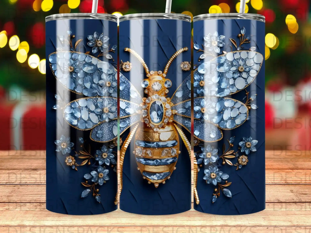 Blue and gold bee with jewel wings on a navy background.